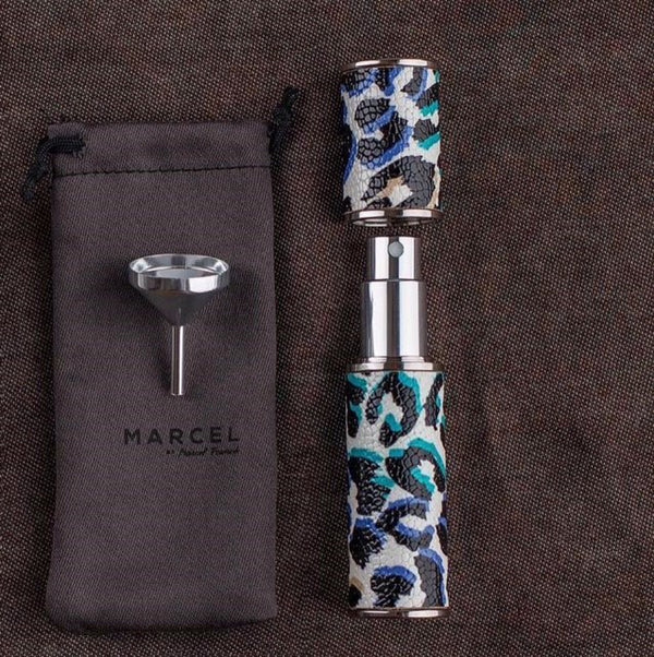 WHITE LEATHER PURSE ATOMIZER, WITH LEOPARD COLORED PATTERN