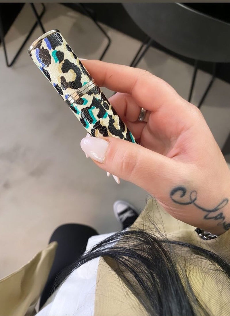WHITE LEATHER PURSE ATOMIZER, WITH LEOPARD COLORED PATTERN
