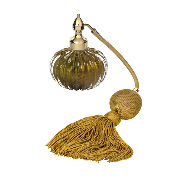 GOLD PLATED FIZZ BALL MOUNT, BLACK MURANO GLASS, ONION SHAPE, INSERTED GOLD LEAF